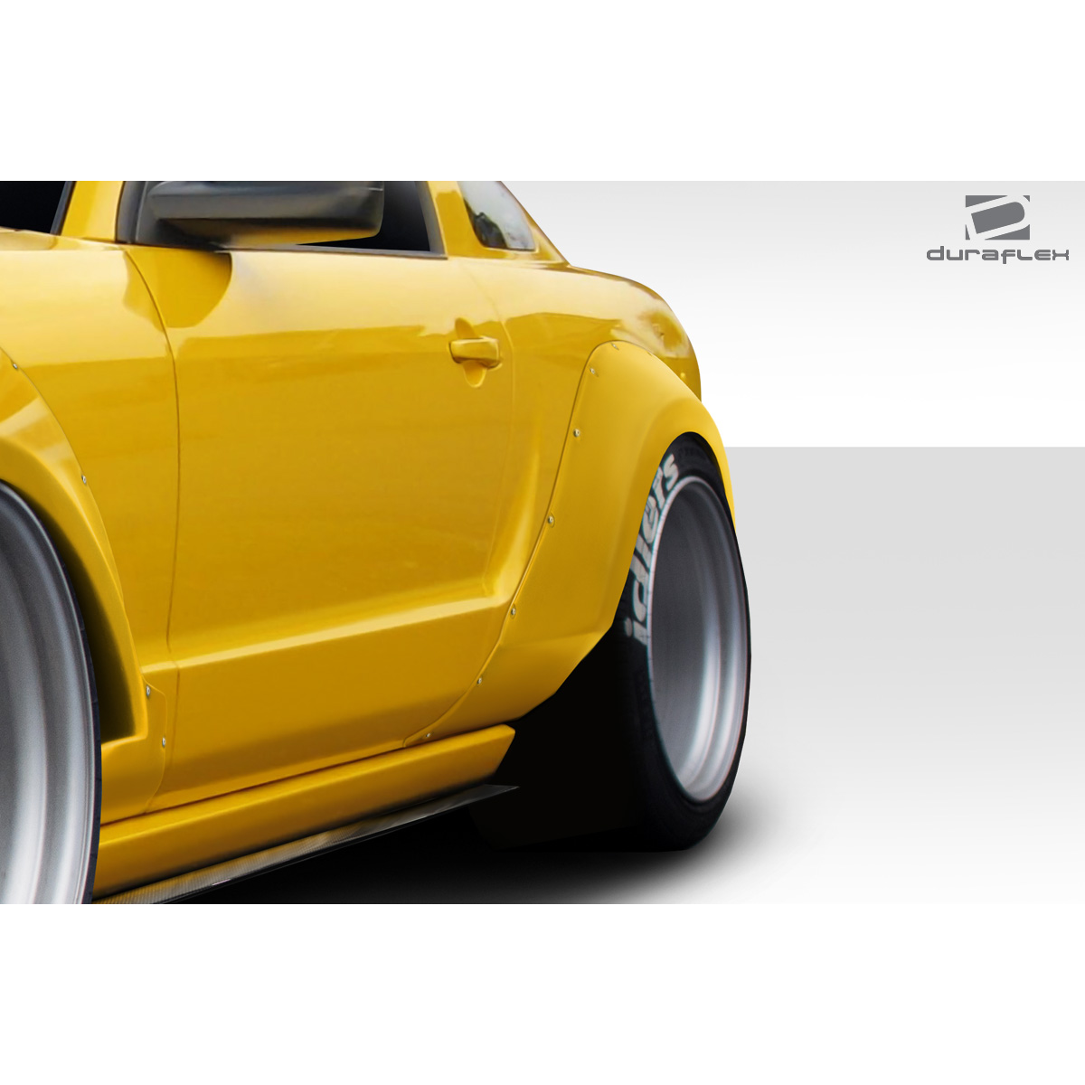 Modify your Ford Mustang 2005 with our Exterior/Fenders - Side angle view of yellow Mustang fender flares