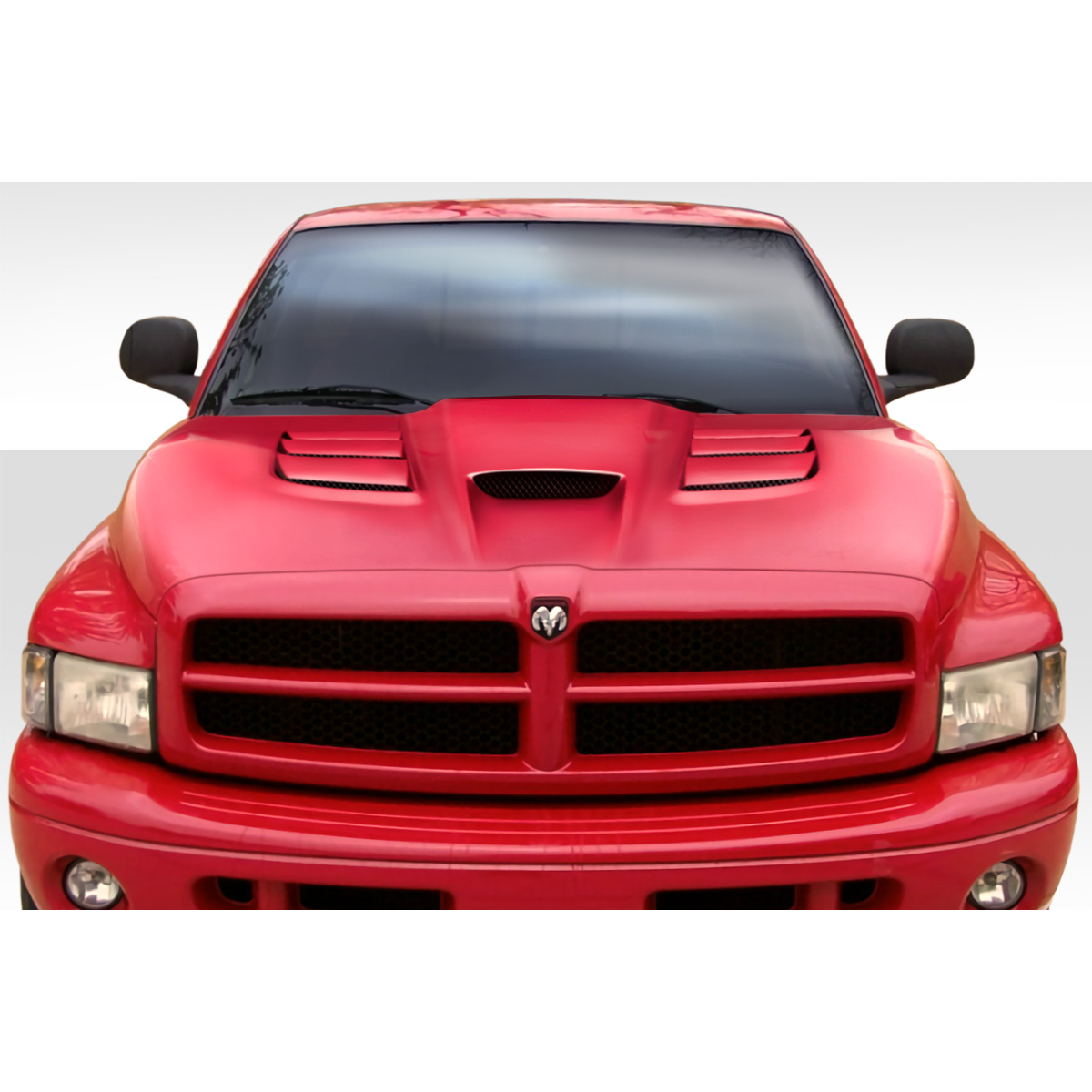 Modify your Dodge Ram 1994 with our Exterior/Hoods - Front view of vehicle hood from a straight angle