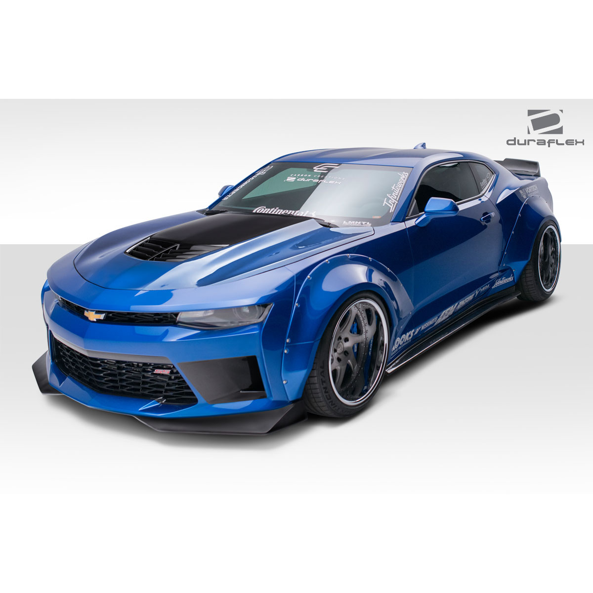 Modify your Chevrolet Camaro 2016 with our Exterior/Hoods - Front angle view of custom hood on Camaro