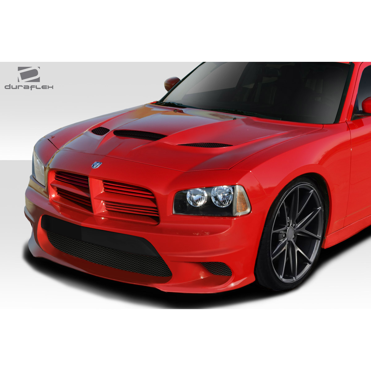 Modify your Dodge Charger 2006 with our Exterior/Complete Body Kits - Front angle view of a red Dodge Charger hood