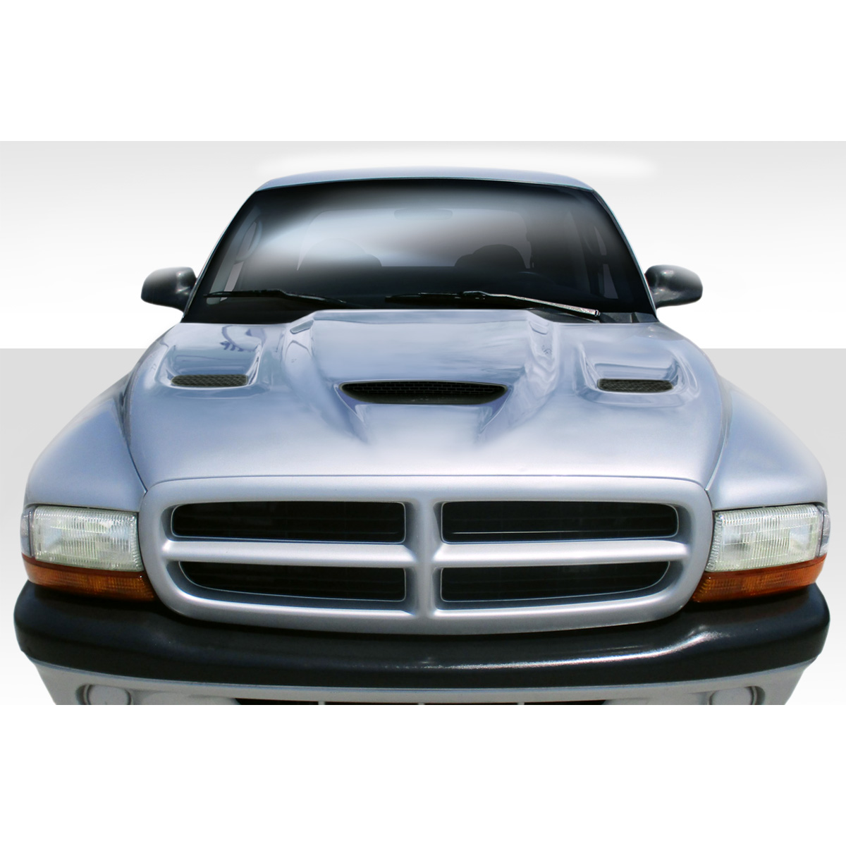 Modify your Dodge Dakota 1997 with our Exterior/Hoods - Front view of the vehicle hood at head-on angle