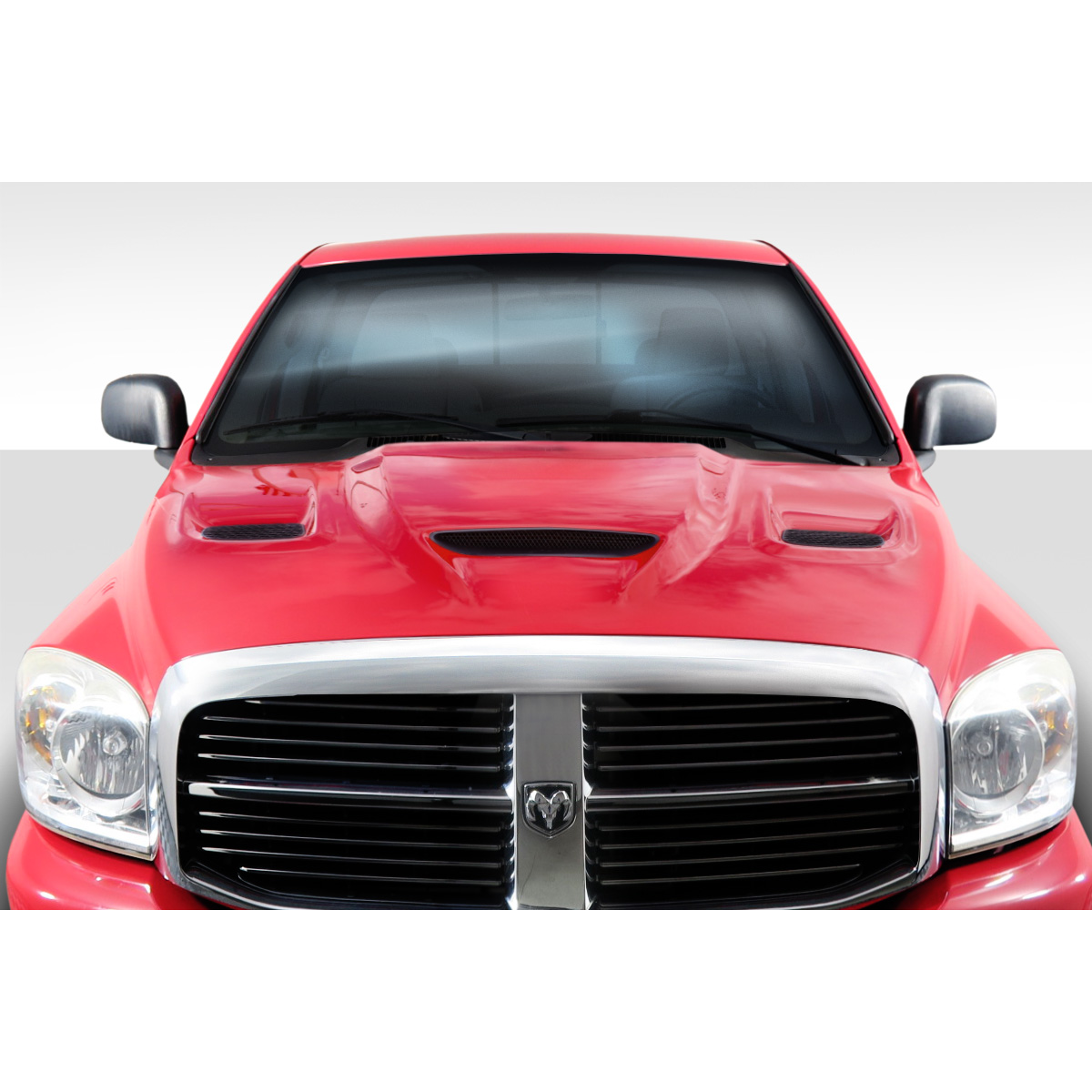 Modify your Dodge Ram 2002 with our Exterior/Hoods - Front view of the vehicle at a straight angle