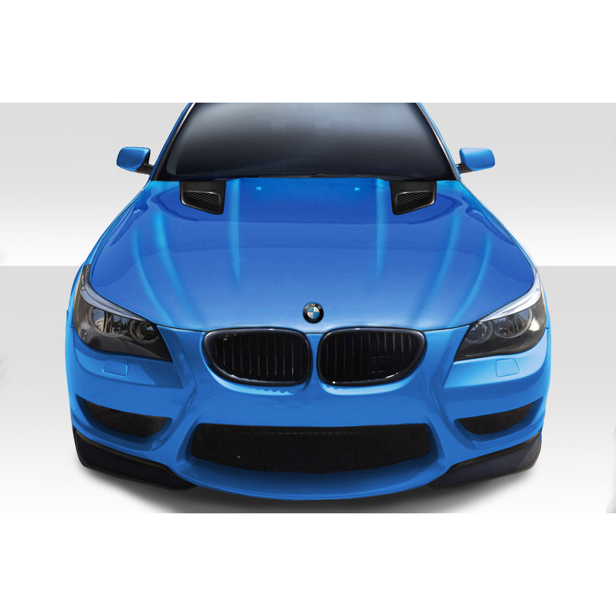 Modify your BMW 5-Series 2004 with our Exterior/Hoods - Front view of the blue BMW 5 Series vehicle