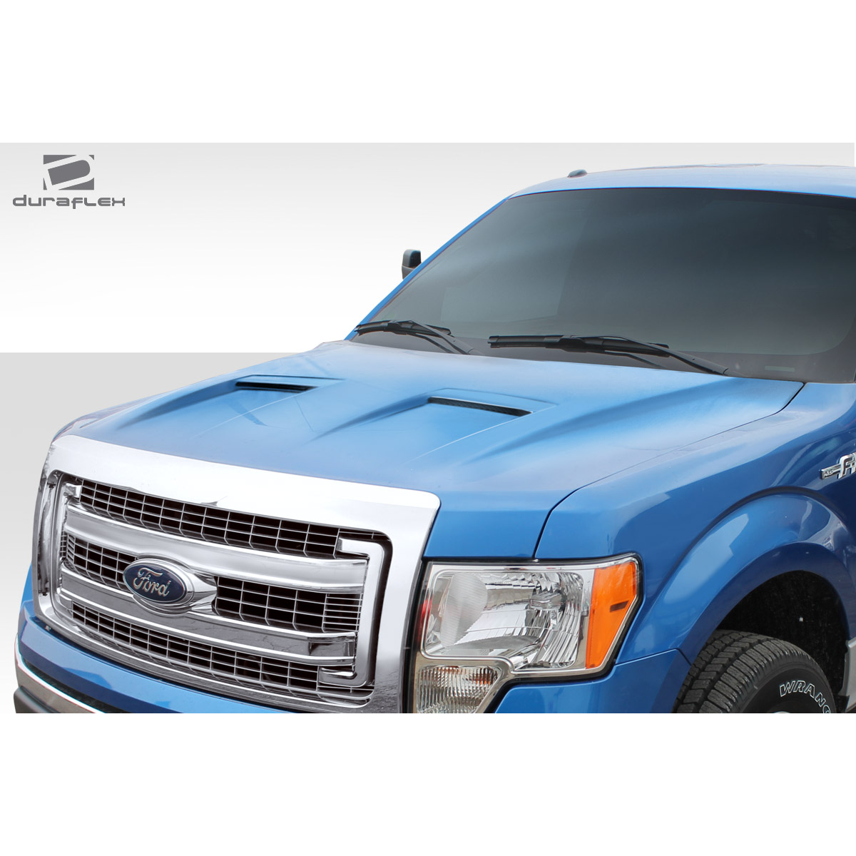 Modify your Ford F-150 2009 with our Exterior/Hoods - Front angled view of the hood of a blue Ford F150