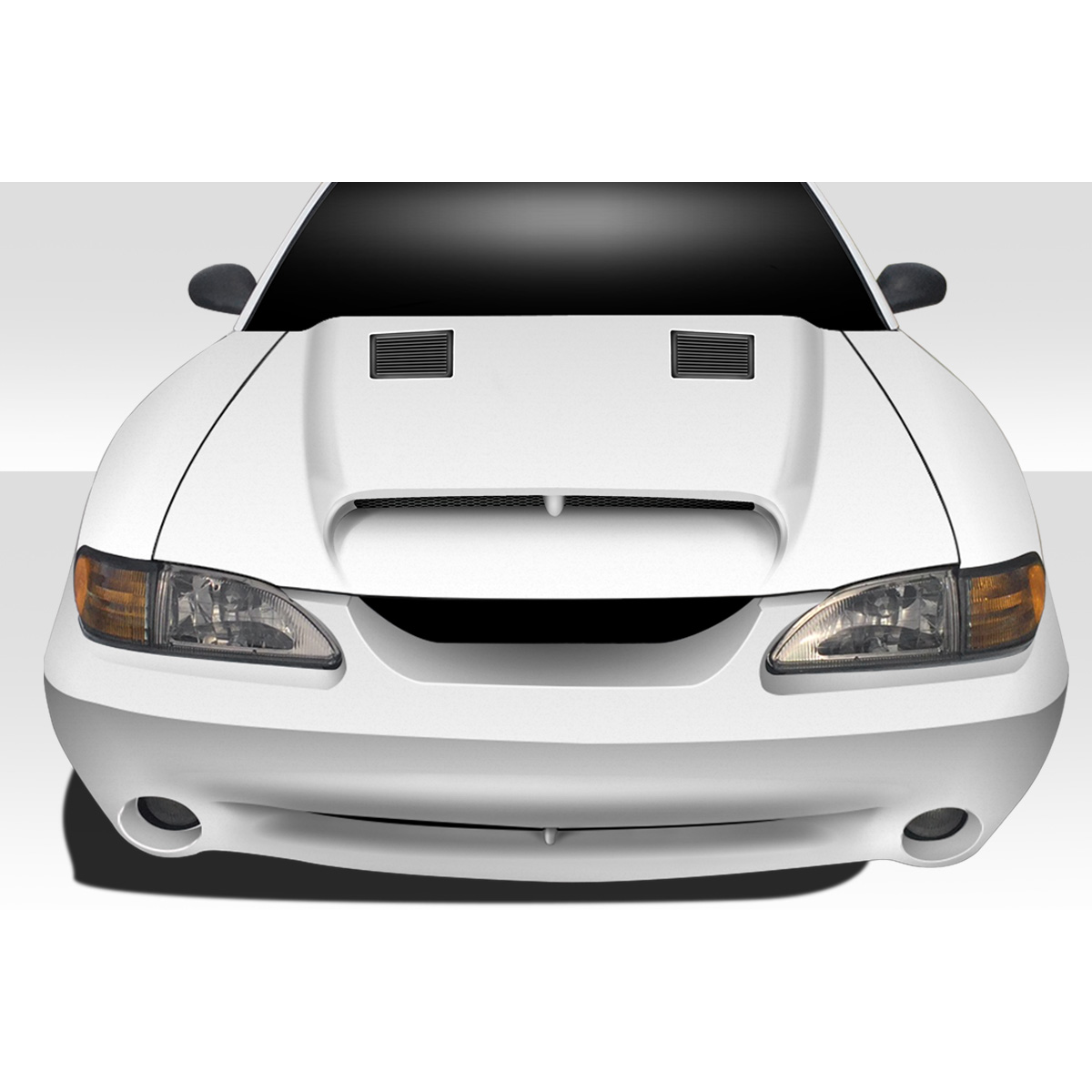 Modify your Ford Mustang 1994 with our Exterior/Hoods - Front view of car hood at eye level