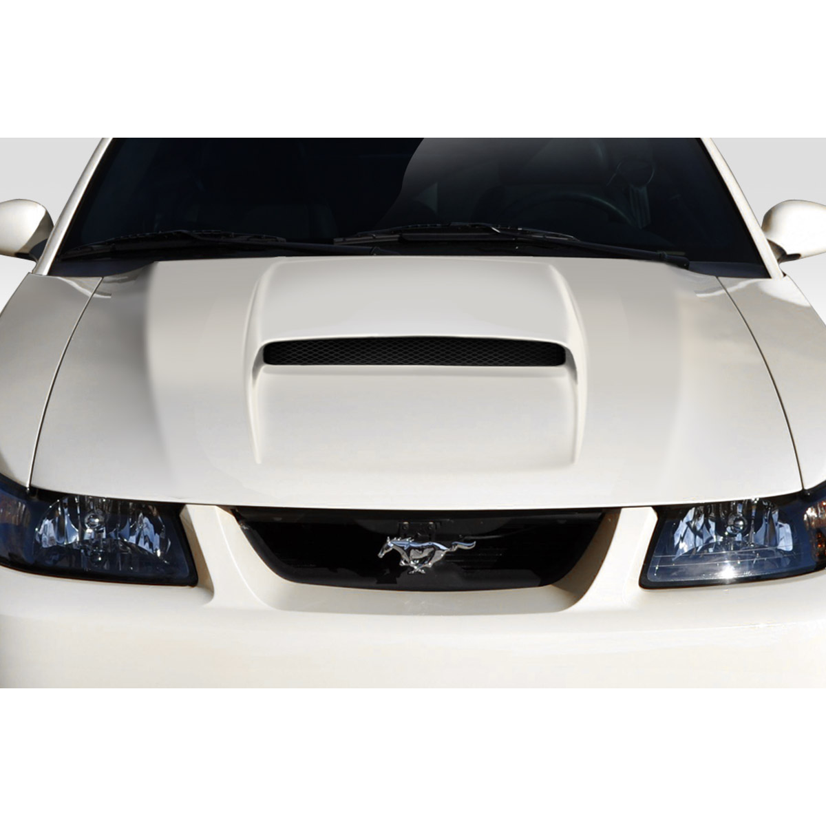 Modify your Ford Mustang 1999 with our Exterior/Hoods - Front angled view of modified car hood