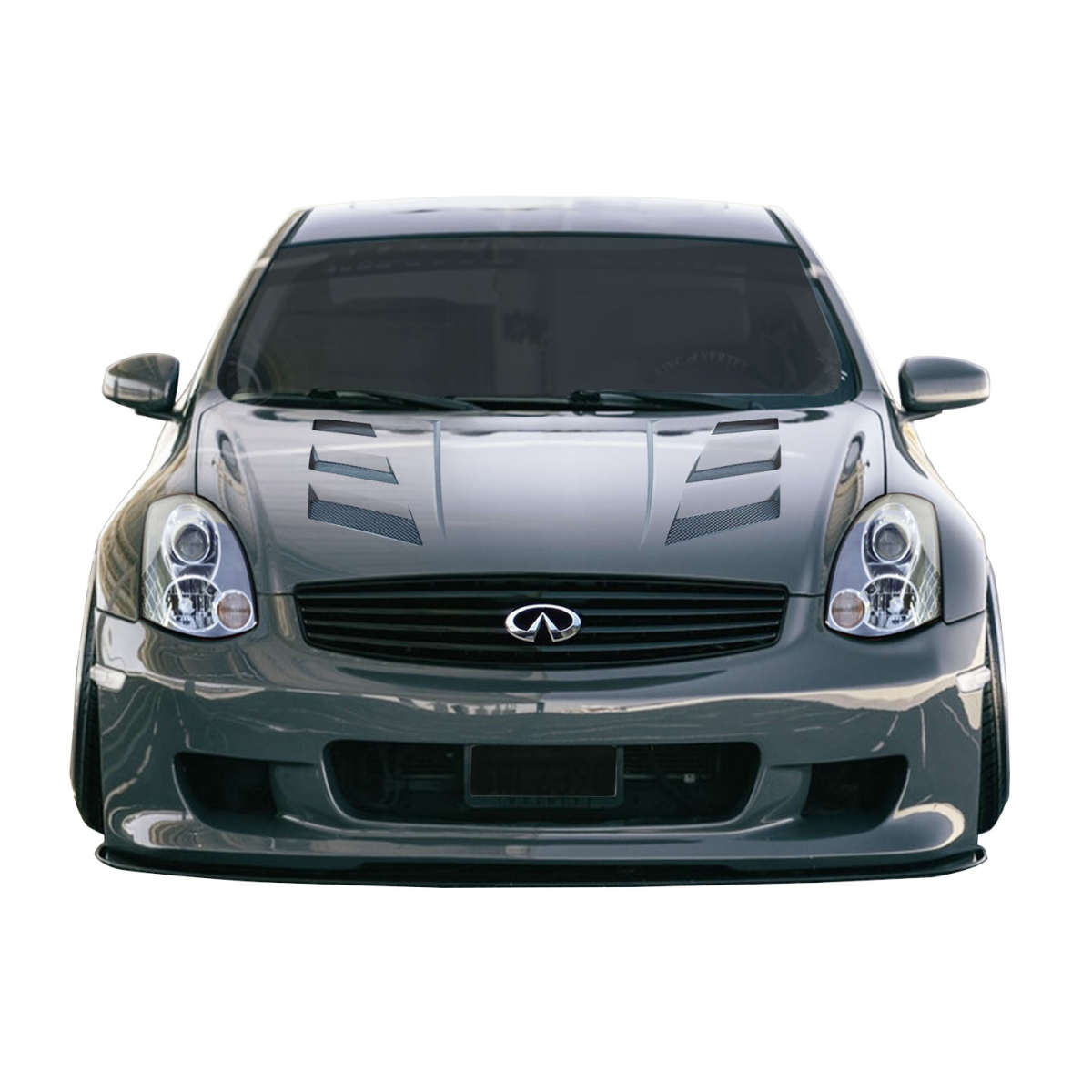 Modify your Infiniti G35 2003 with our Exterior/Hoods - Front view of the vehicle at a straight angle