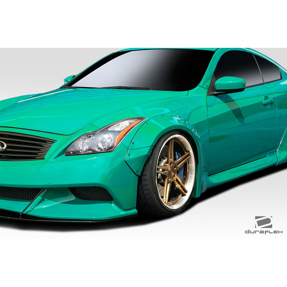 Modify your Infiniti G37 2008 with our Exterior/Complete Body Kits - Front angled view of the car showing fender flares