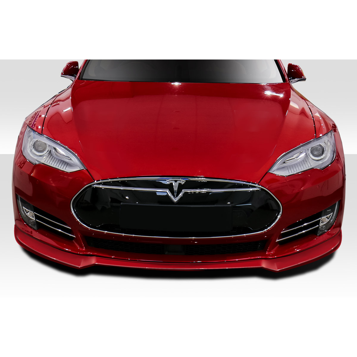 Modify your Tesla S 2012 with our Exterior/Front Bumpers or Lips - Front view of a red Tesla Model S showing bumper part