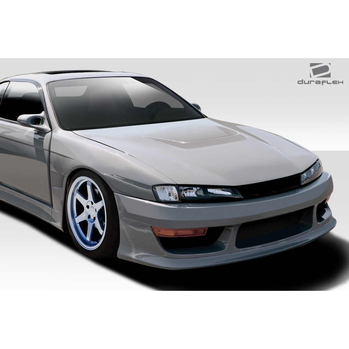 Modify your Nissan 240SX 1997 with our Exterior/Hoods - Front three quarter angle of the vehicle