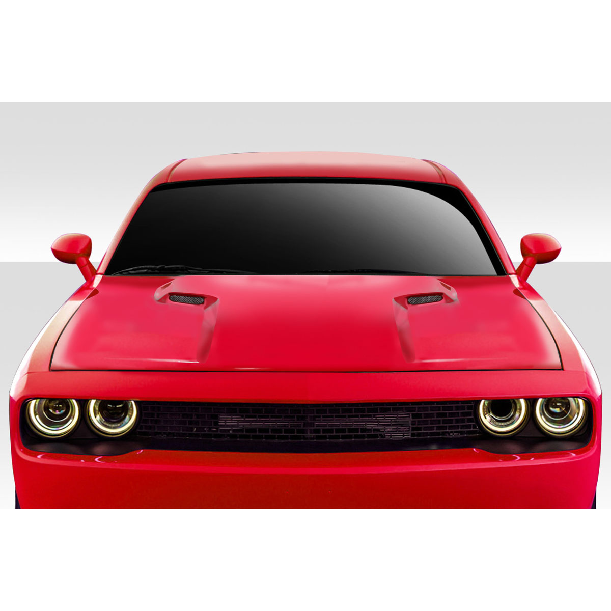 Modify your Dodge Challenger 2008 with our Exterior/Hoods - Front view of a red Dodge Challenger hood