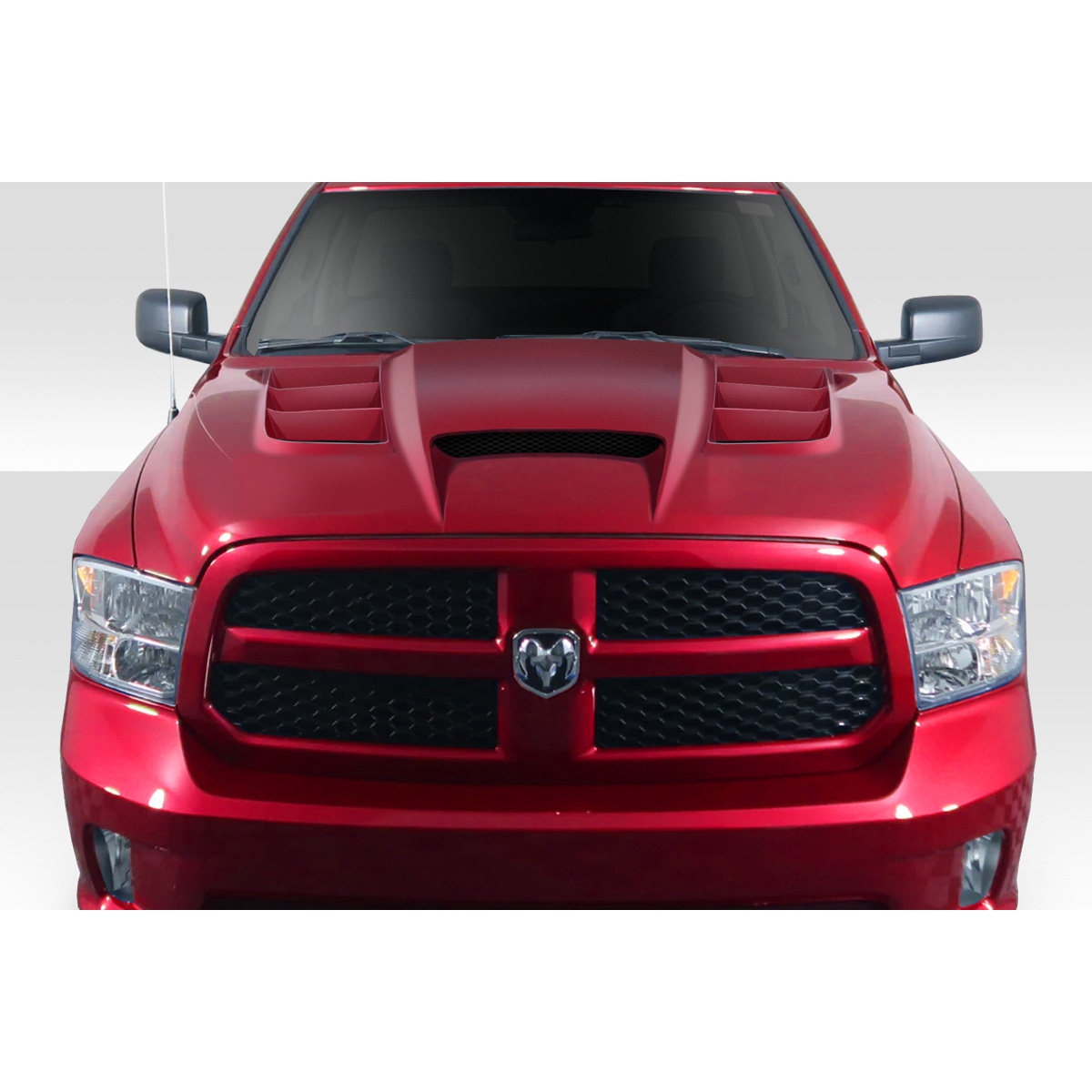 Modify your Dodge Ram 2009 with our Exterior/Hoods - Front view of a red Dodge Ram hood