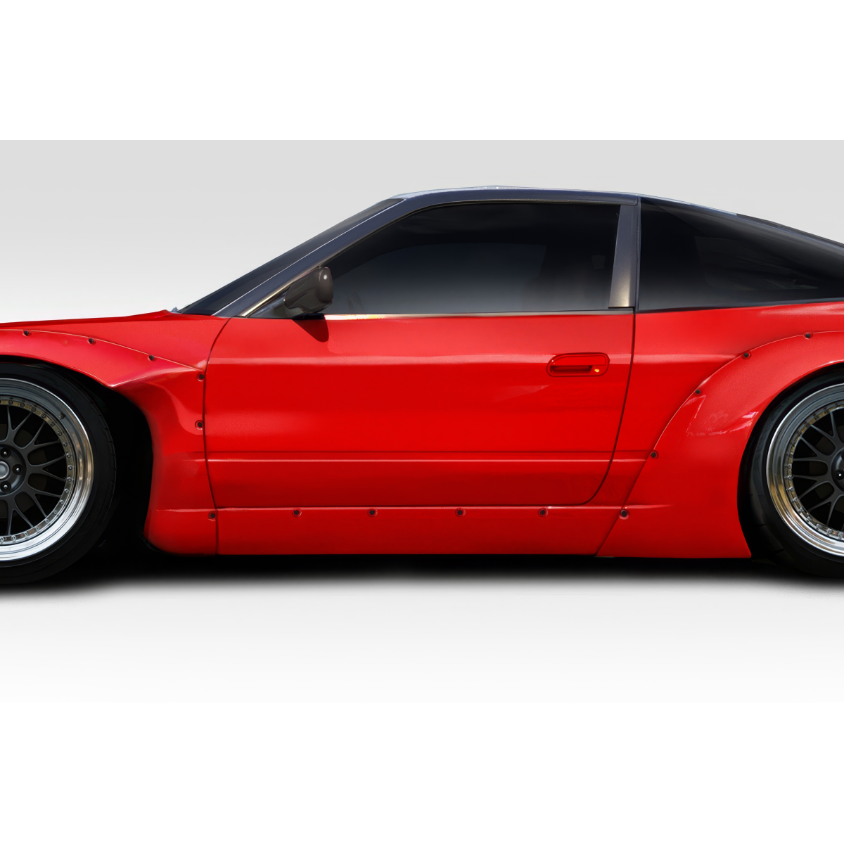 Modify your Nissan 240SX 1989 with our Exterior/Side Skirts - Side view angle of a modified red Nissan 240SX