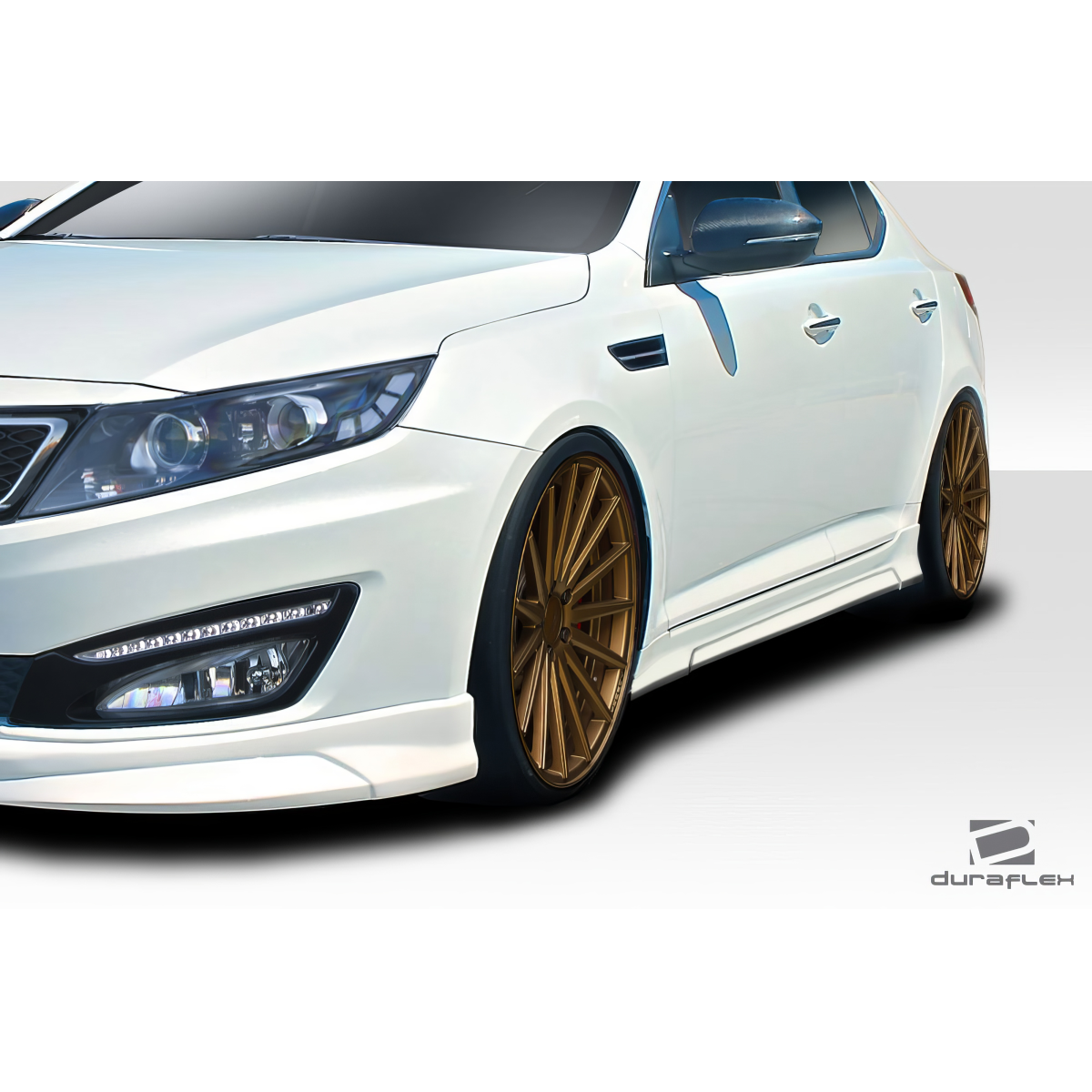 Modify your KIA Optima 2010 with our Exterior/Side Skirts - Front quarter view of a lowered white Kia Optima