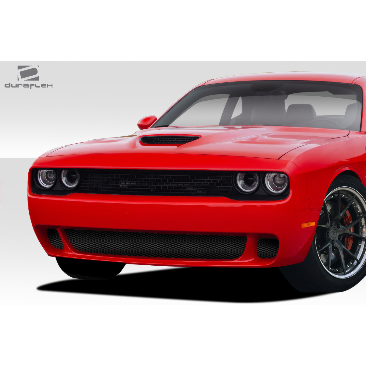 Modify your Dodge Challenger 2015 with our Exterior/Front Bumpers or Lips - Front angle view of a red Dodge Challenger