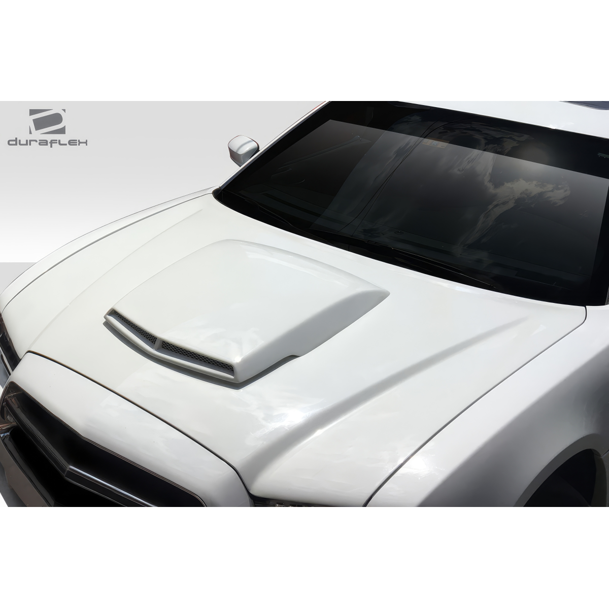 Modify your Dodge Charger 2011 with our Exterior/Hoods - Top down angle view of hood on white charger