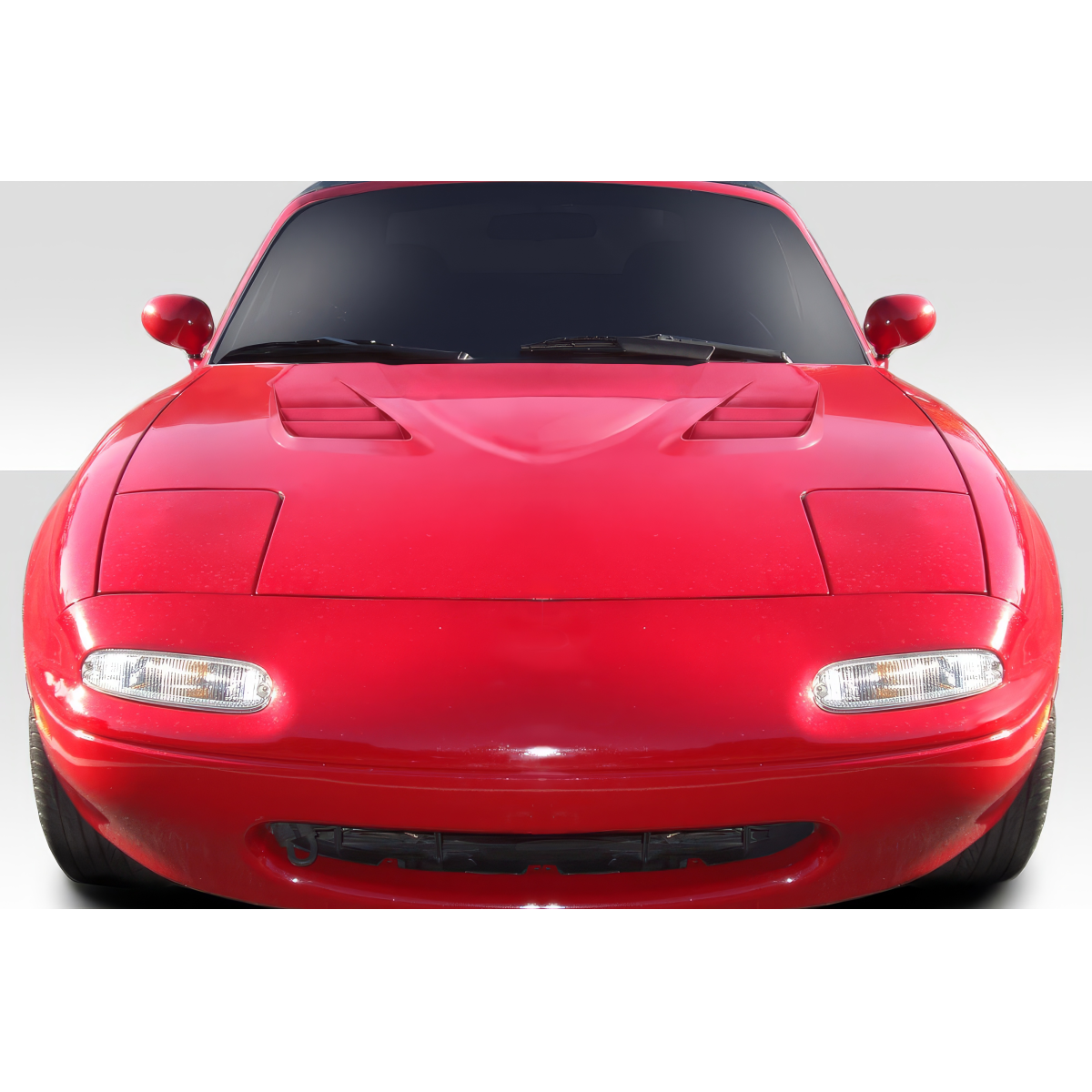 Modify your Mazda Miata 1990 with our Exterior/Hoods - Front view of the car with hood features highlighted