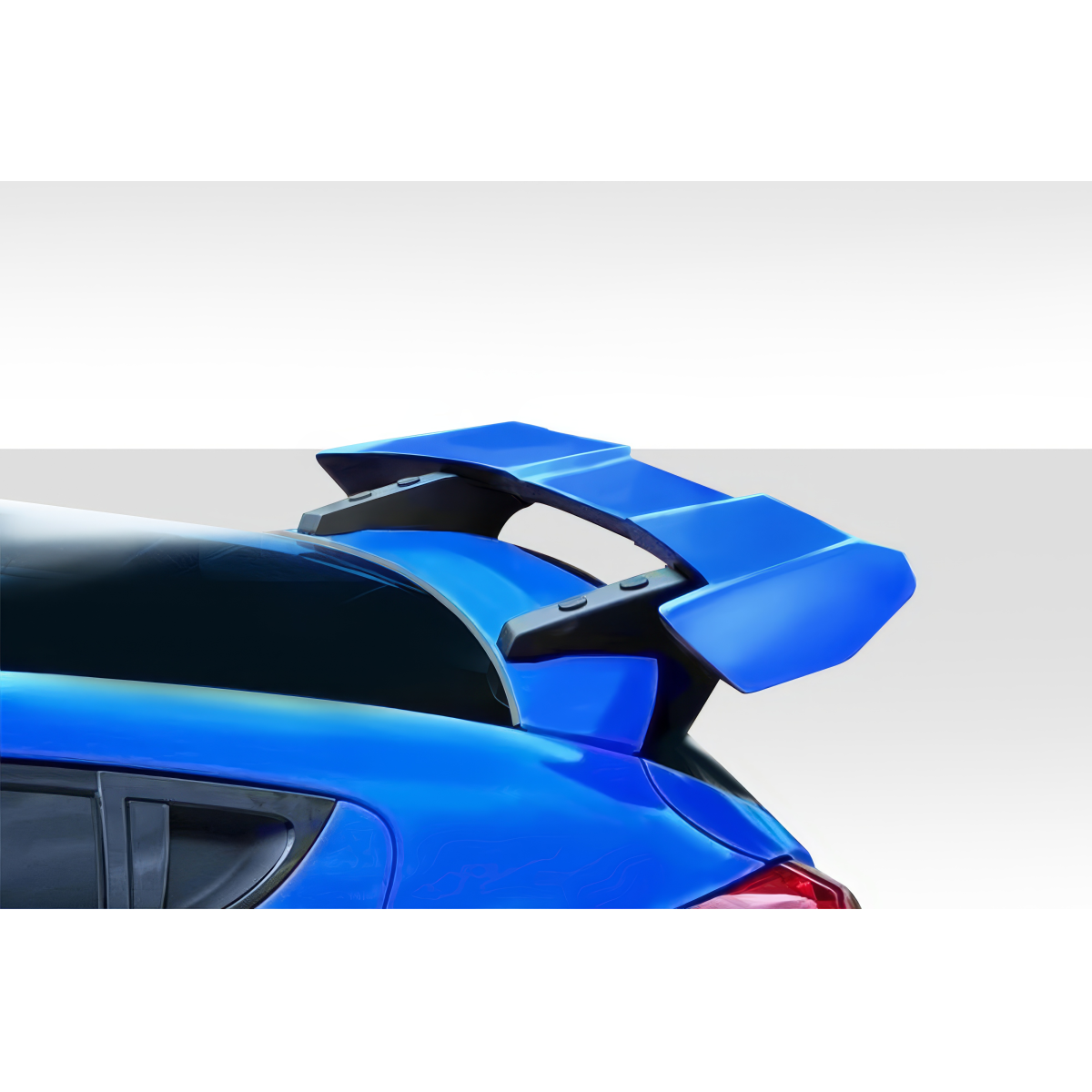 Modify your Hyundai Veloster 2012 with our Exterior/Wings - Rear view angle of a blue wing spoiler