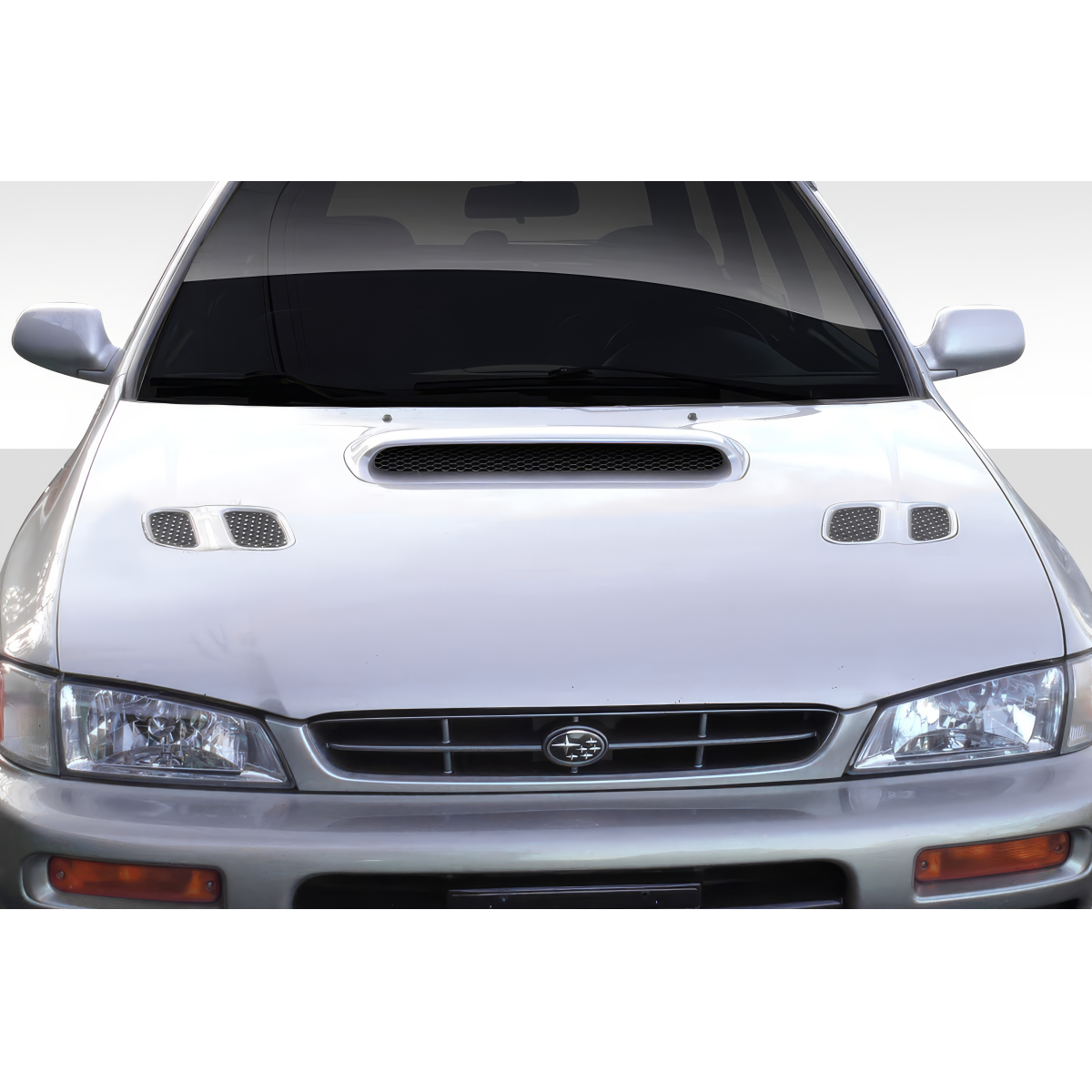 Modify your Subaru Impreza 1993 with our Exterior/Hoods - Front view of a car hood at eye level