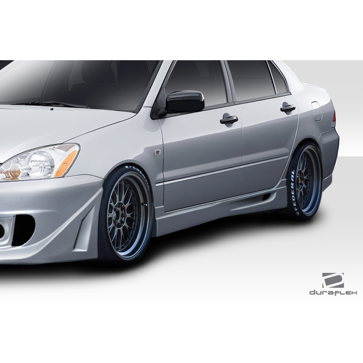 Modify your Mitsubishi Lancer 2002 with our Exterior/Side Skirts - Side view showing lower body and wheels