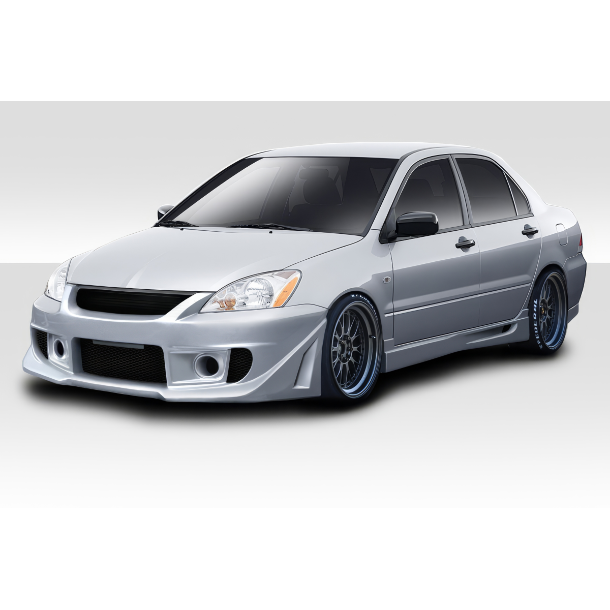 Modify your Mitsubishi Lancer 2004 with our Exterior/Complete Body Kits - Front angle view of a modified vehicle