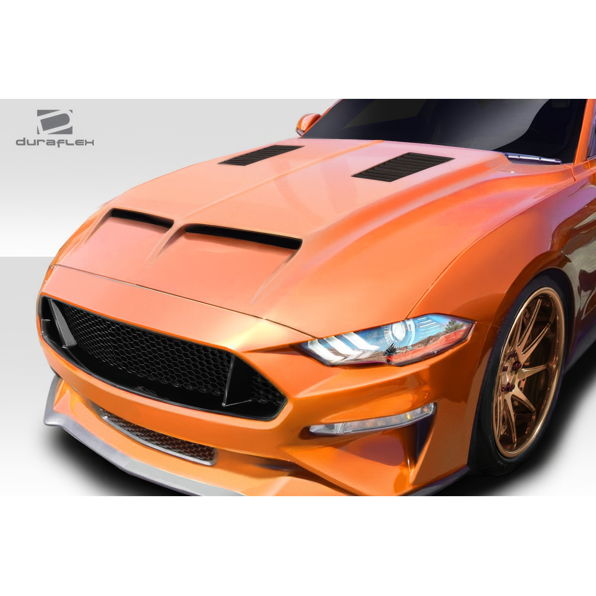 Modify your Ford Mustang 2018 with our Exterior/Hoods - Front angle view of a hood for Ford Mustang