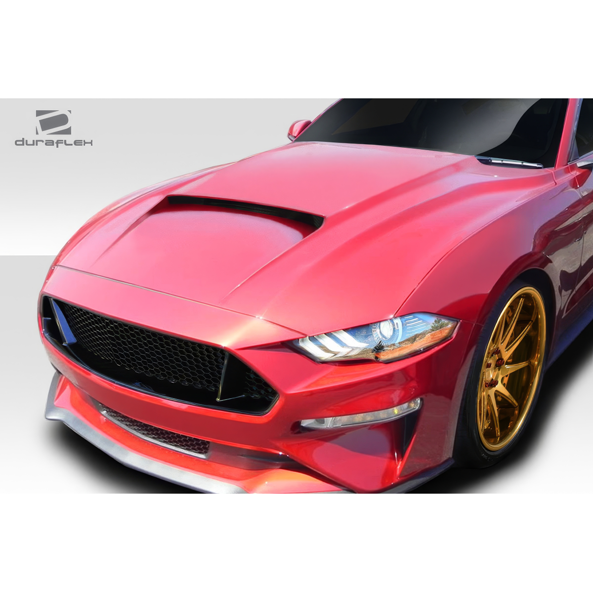 Modify your Ford Mustang 2018 with our Exterior/Hoods - Front angle view of hood and vehicle