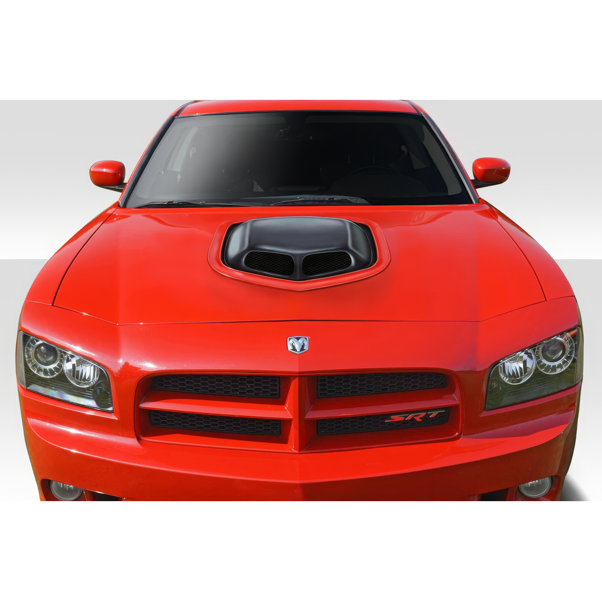 Modify your Dodge Charger 2006 with our Exterior/Hoods - Front view of the car hood at eye level