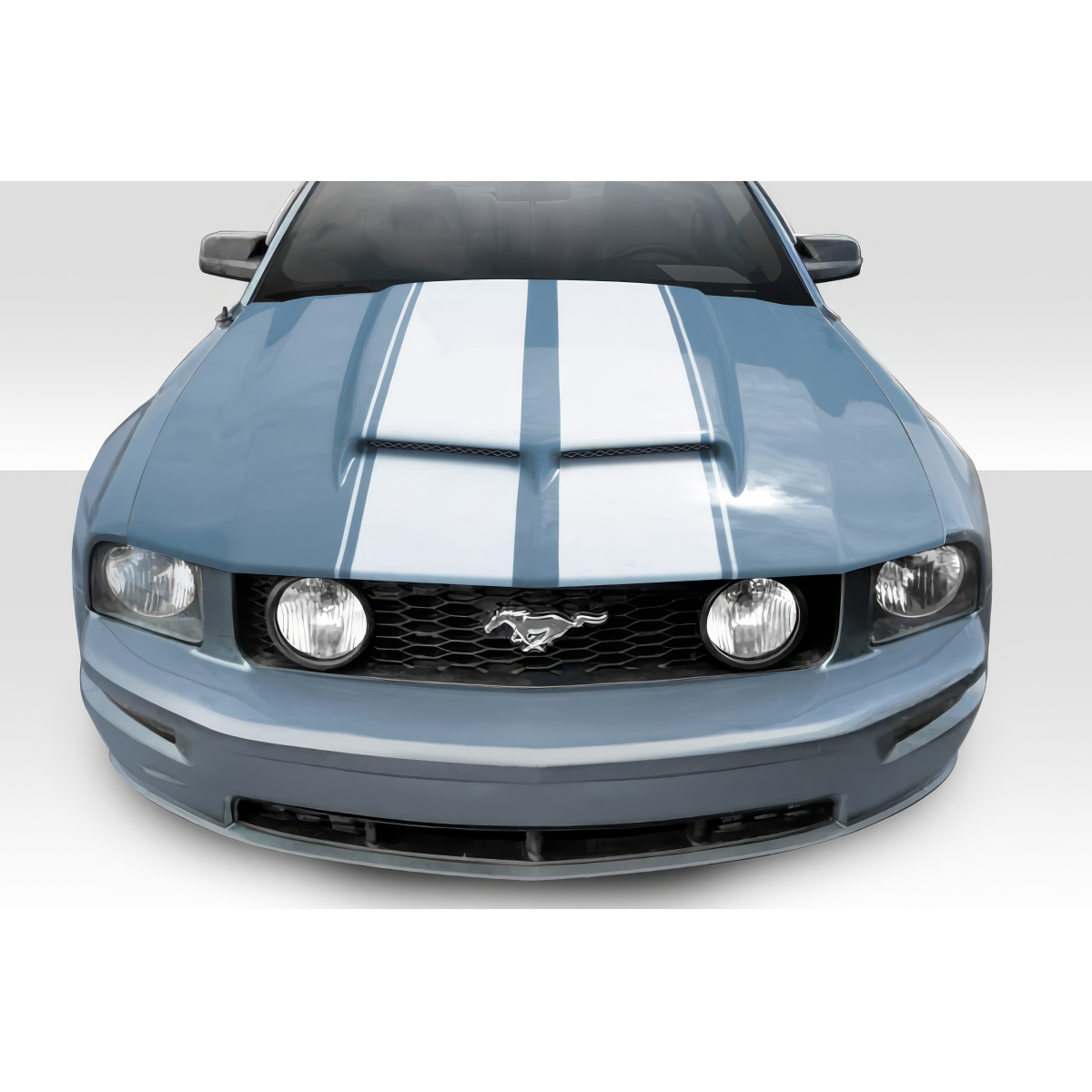 Modify your Ford Mustang 2005 with our Exterior/Hoods - Front view of the vehicle at a low angle