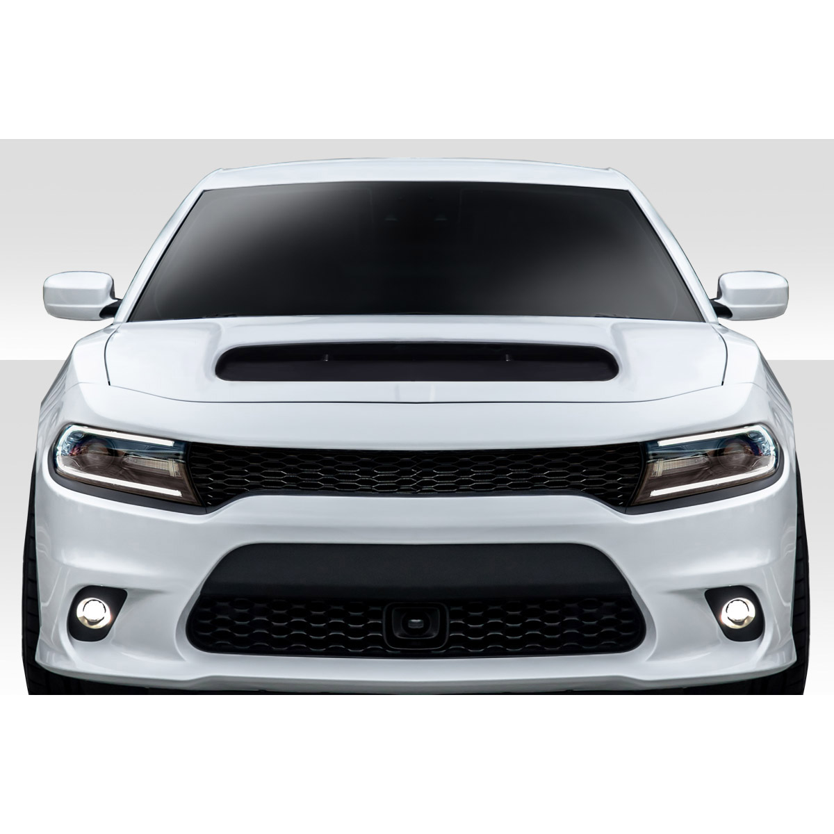 Modify your Dodge Charger 2015 with our Exterior/Hoods - Front view of vehicle from a head-on angle