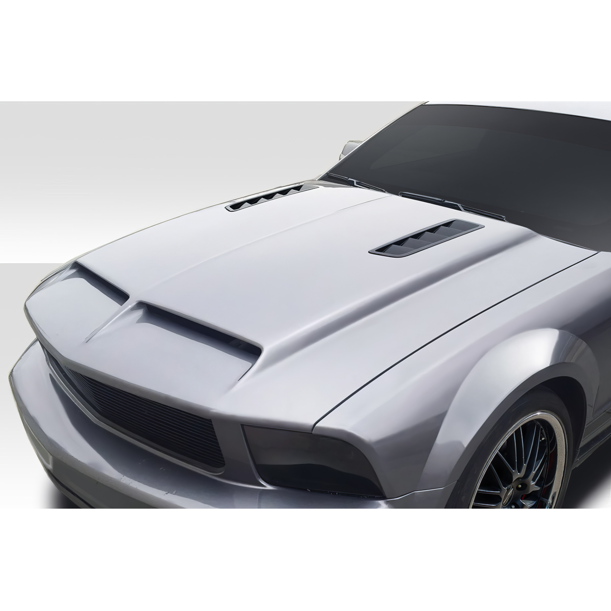 Modify your Ford Mustang 2005 with our Exterior/Hoods - Viewed from a slightly elevated front angle