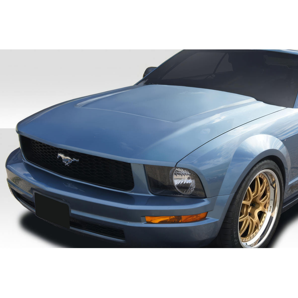 Modify your Ford Mustang 2005 with our Exterior/Hoods - Front angle view of a blue Ford Mustang