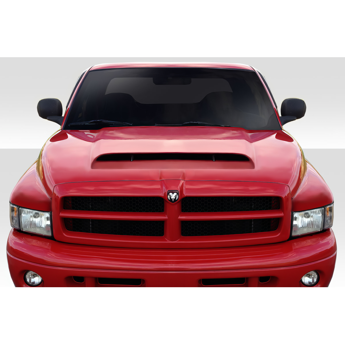 Modify your Dodge Ram 1994 with our Exterior/Hoods - Front view of a Dodge Ram hood at eye level