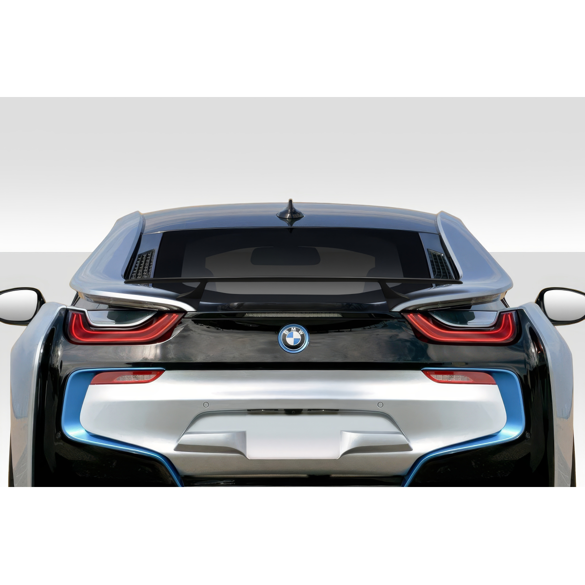 Modify your BMW i8 2014 with our Exterior/Wings - Rear view angle of BMW i8 showcasing the spoiler