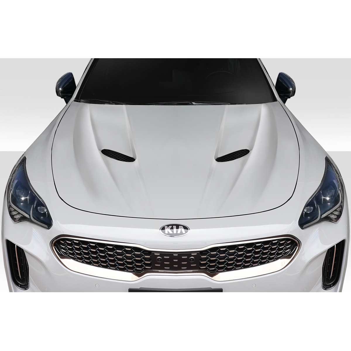 Modify your KIA Stinger 2018 with our Exterior/Hoods - Front view of the vehicle at a straight angle