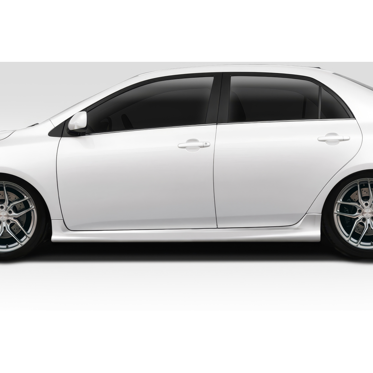 Modify your Toyota Corolla 2009 with our Exterior/Side Skirts - Side profile view of a white Toyota Corolla