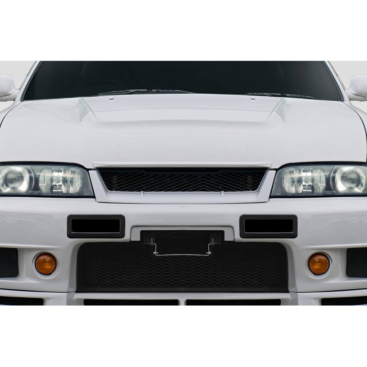 Modify your Universal   with our Exterior/Front Bumpers or Lips - Front view of a white custom car bumper