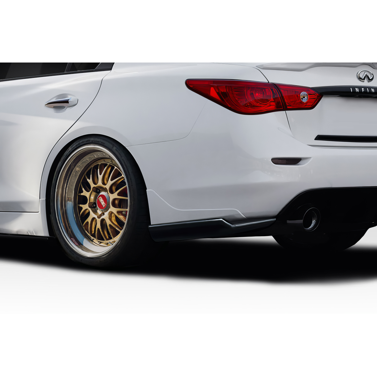 Modify your Infiniti Q50 2014 with our Exterior/Rear Bumpers or Lips - Image is shown from a low rear angle view