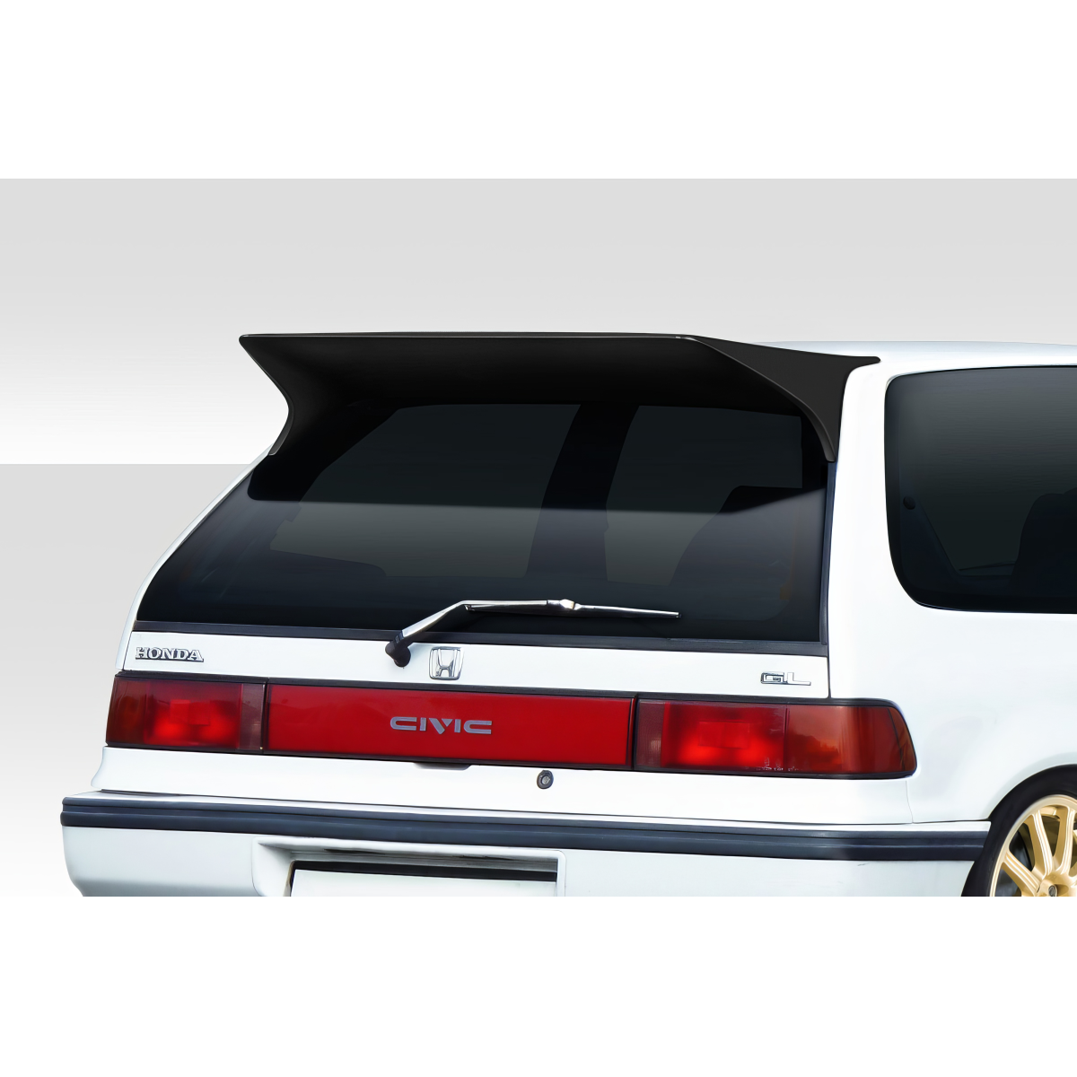 Modify your Honda Civic 1988 with our Exterior/Wings - Rear angle view of Honda Civic roof spoiler