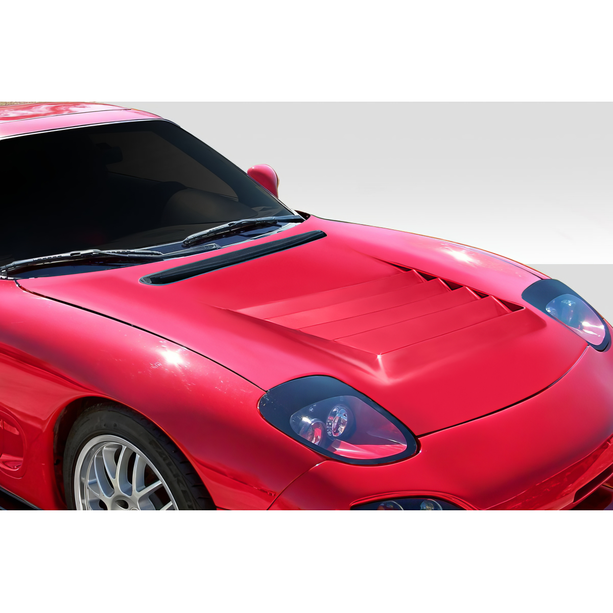 Modify your Mazda RX-7 1993 with our Exterior/Hoods - Top angled view of car hood from front