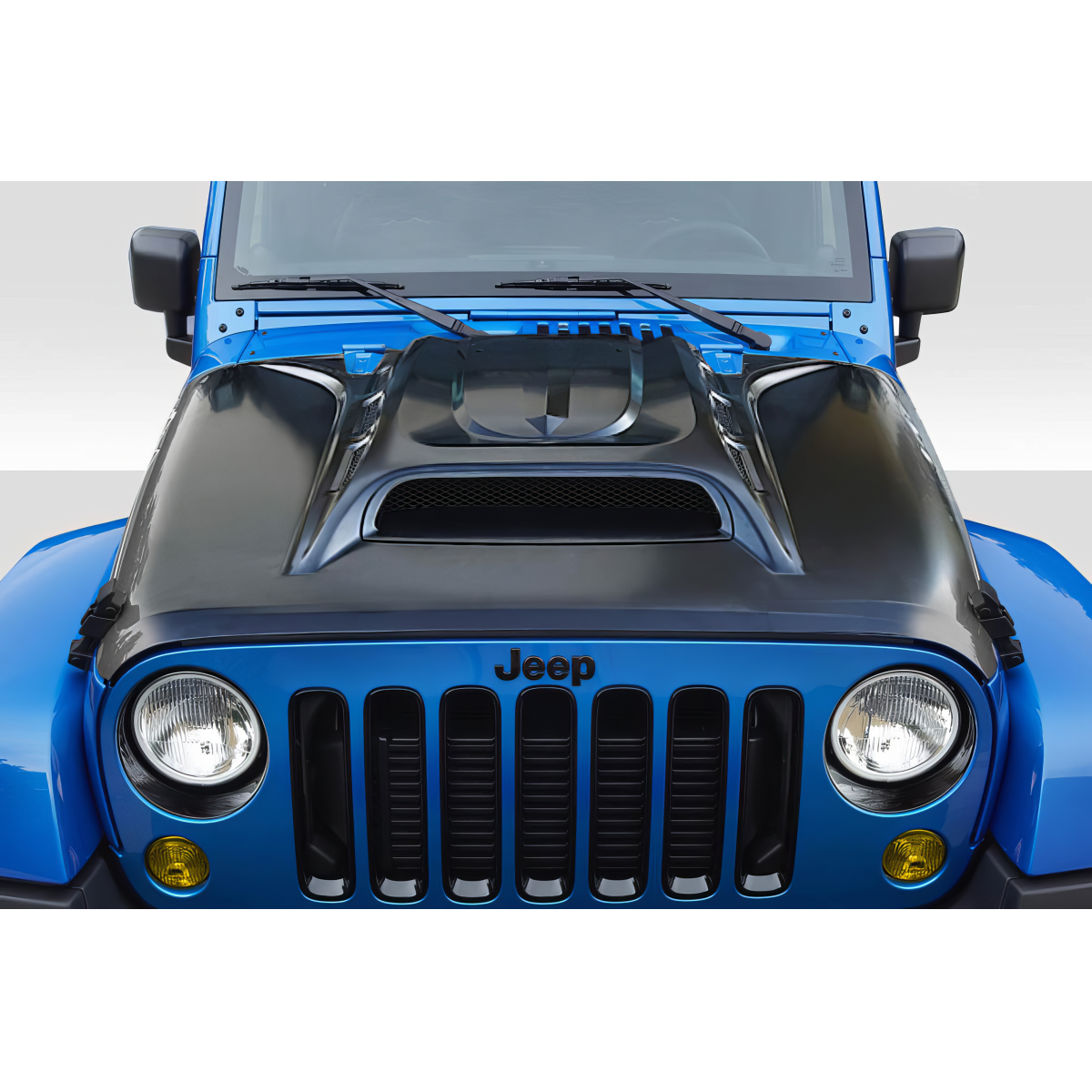 Modify your Jeep Wrangler 2007 with our Exterior/Hoods - Front view of the Jeep hood at a straight angle