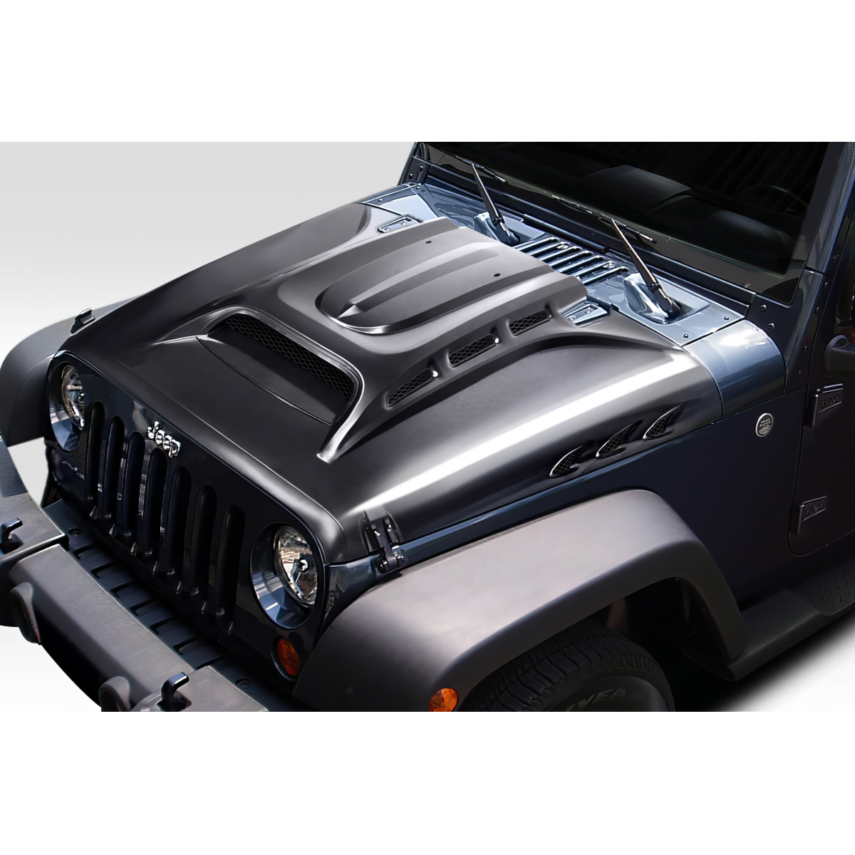 Modify your Jeep Wrangler 2007 with our Exterior/Hoods - Viewed from a high angle slightly above the hood