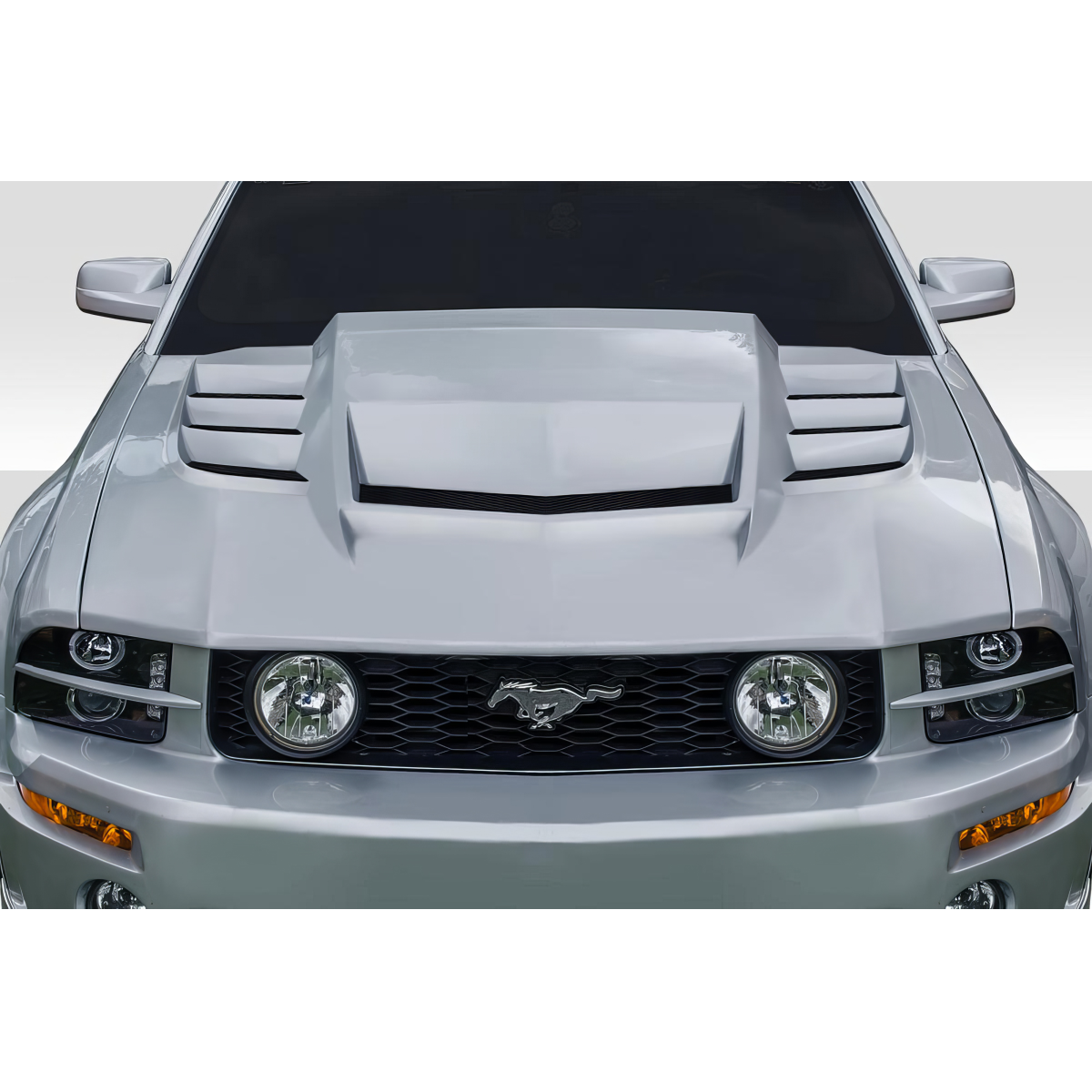 Modify your Ford Mustang 2005 with our Exterior/Hoods - Front view of a car hood at a straight angle