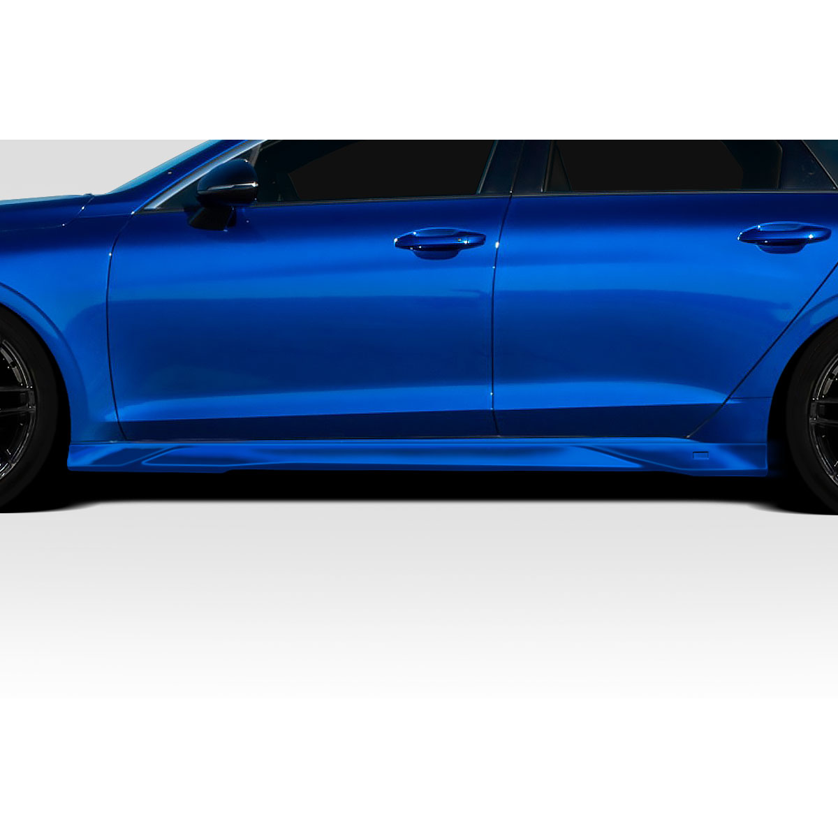 Modify your KIA K5 2021 with our Exterior/Side Skirts - Side view of a blue Kia K5 showcasing side skirts