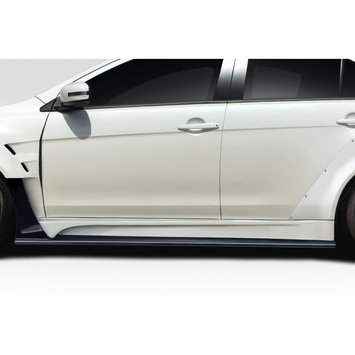 Modify your Mitsubishi Evolution 2008 with our Exterior/Side Skirts - Side view of vehicle showing side skirts at a slight angle