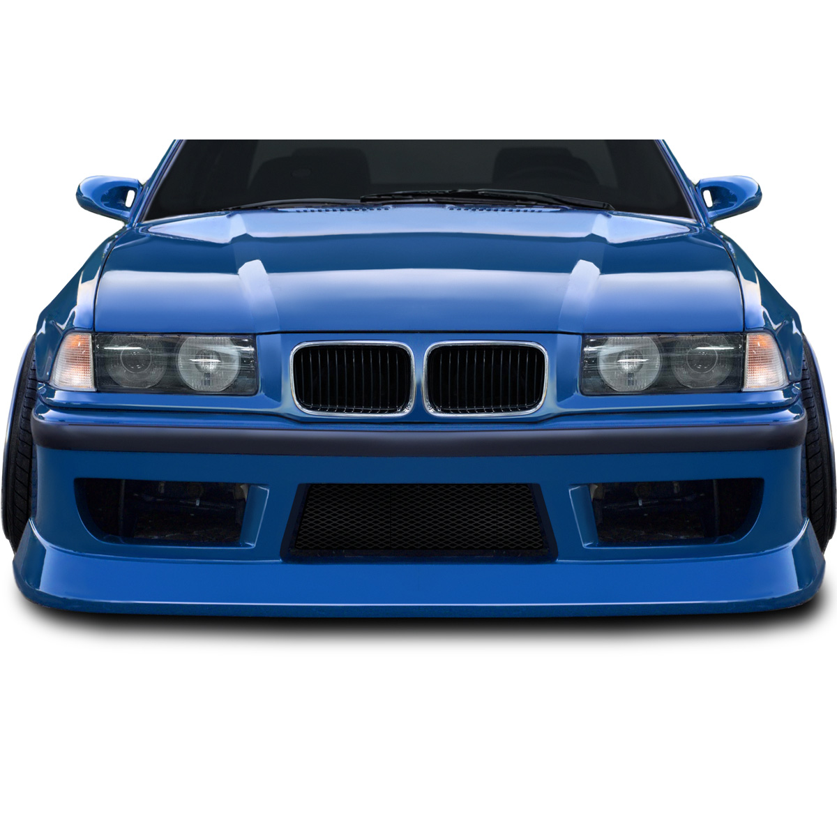 Modify your BMW 3-Series 1992 with our Exterior/Front Bumpers or Lips - Front view of a modified blue BMW 3 Series E36