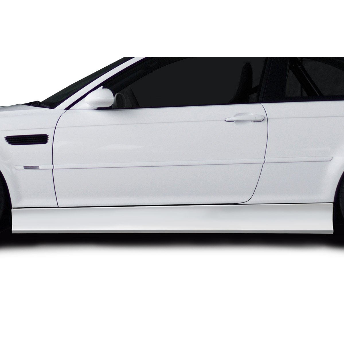 Modify your BMW 3-Series 1999 with our Exterior/Side Skirts - Side view of a white BMW 3-Series vehicle