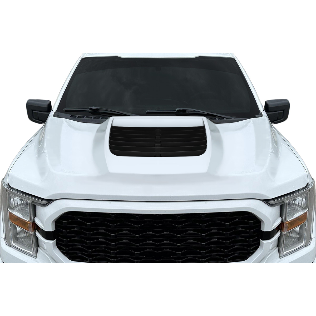 Modify your Ford F-150 2021 with our Exterior/Hoods - Front view of a white Ford F150 with hood scoop